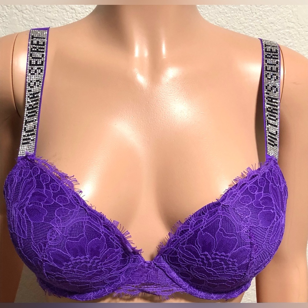 Victoria's Secret Purple Lace Push-Up Bra with Crystal Logo Straps